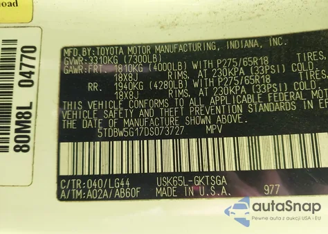 2013 Toyota Sequoia Sr5 5.7L V8 z USA, uszkodzony, nr VIN 5TDBW5G17DS073727